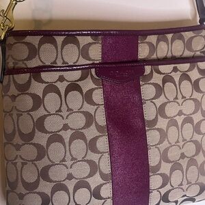 Coach Signature Shoulder Bag in Brown with Plum Stripe